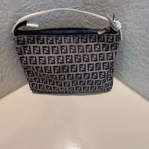 Fendi Zucchino Mini Bag Navy White FF Logo Slouchy Baguette Shoulder Purse